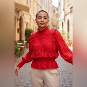 Hunter Bell Red Ruffled High-Neck Blouse, Size XS